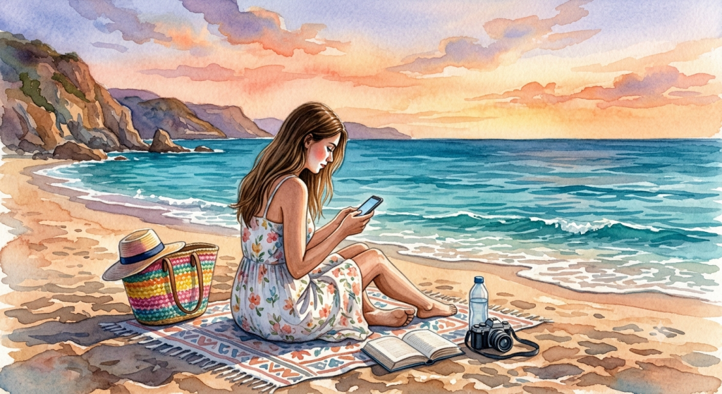 Mujer mirando el movil en la playa