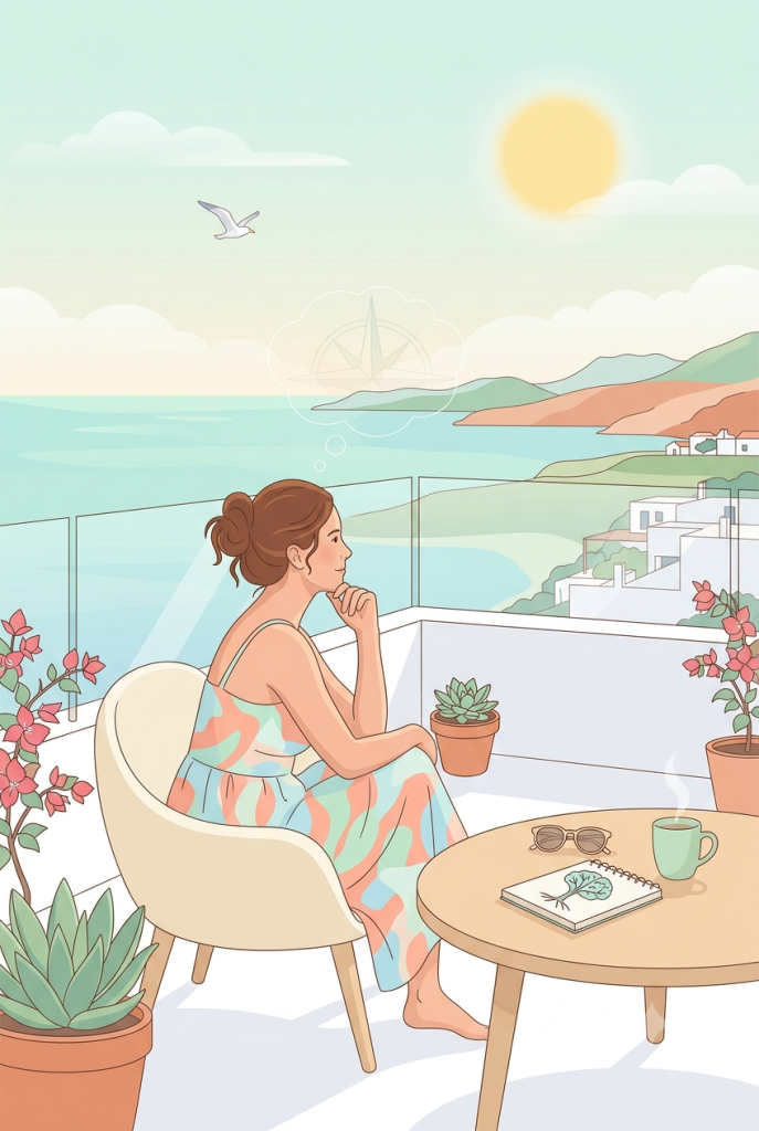 Mujer en el balco mirando el mar