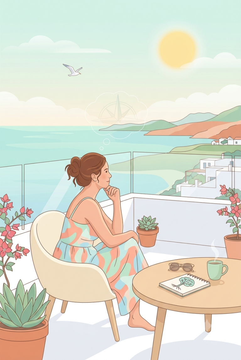Mujer en el balco mirando el mar