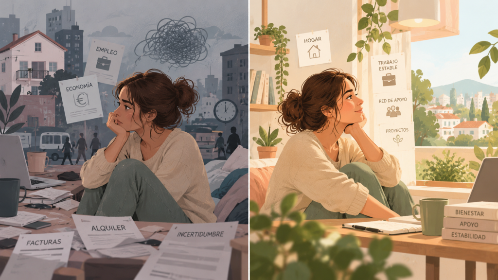 Ilustración sobre la influencia del entorno social, la vivienda y el trabajo en la salud mental