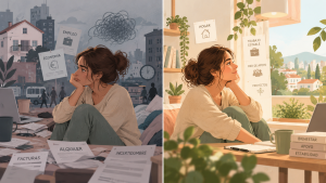 Ilustración sobre la influencia del entorno social, la vivienda y el trabajo en la salud mental